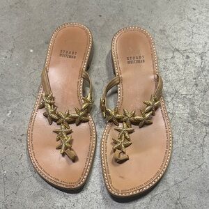 Stuart Weitzman Tan Leather Thong Sandals with Gold Starfish Accents